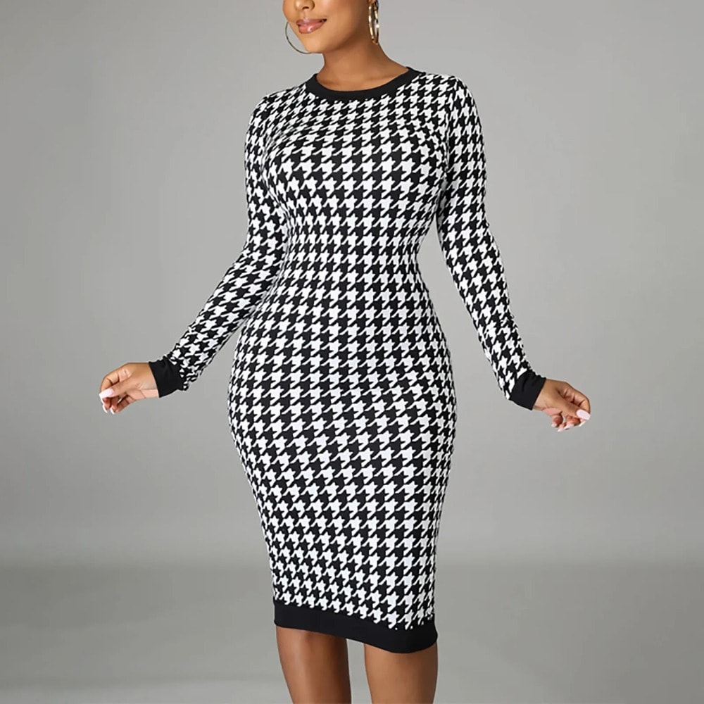 Houndstooth Print Long Sleeve Midi Dress Women 2023 Autumn Winter